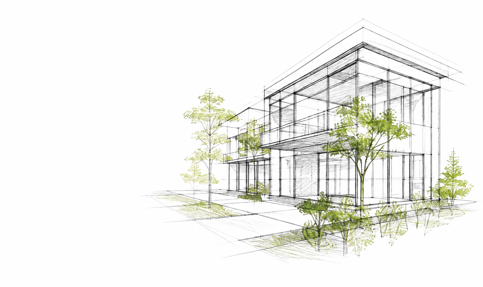 Architekturzeichnung eines nachhaltigen Bürogebäudes